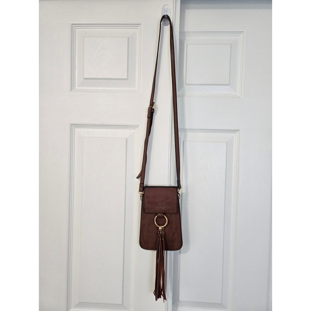 Brown Faux Leather Tassel Crossbody Phone Bag Gold O-Ring Adjustable Strap Small